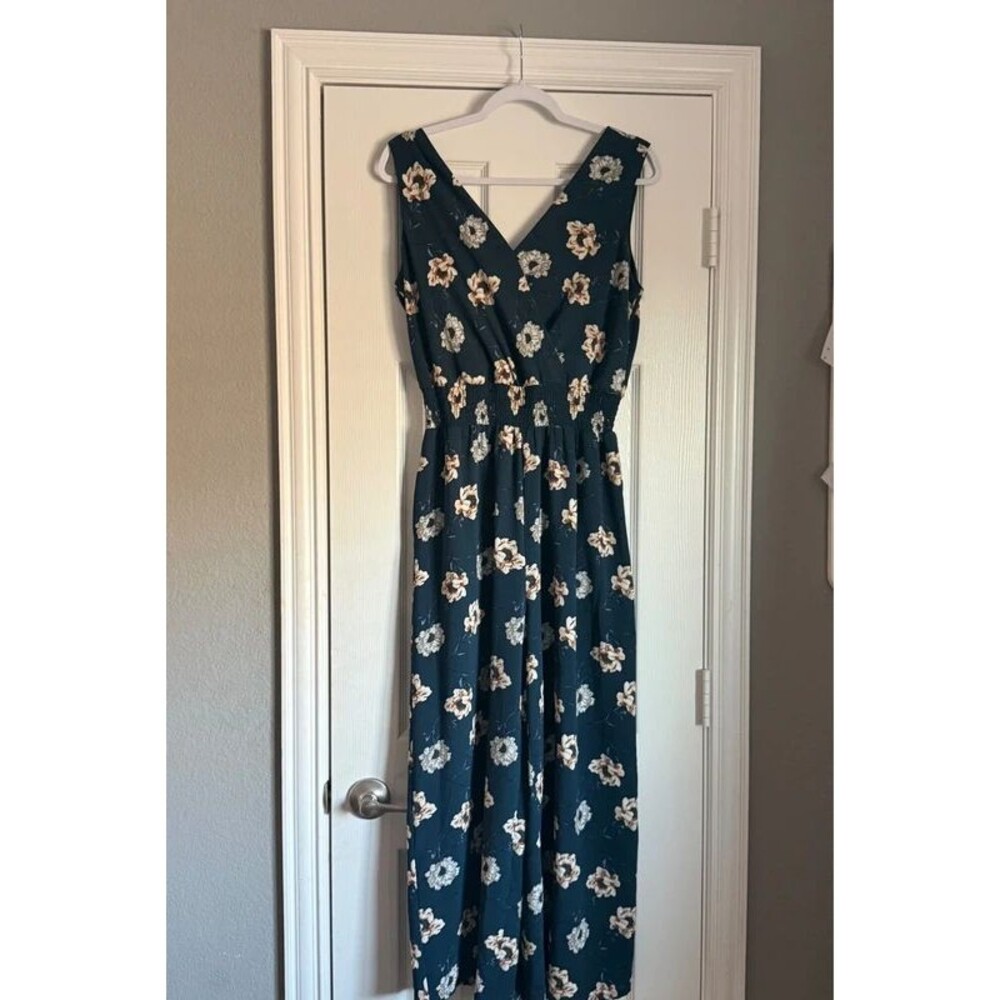 Navy Blue Floral Smocked Wide Leg Sleeveless Jumpsuit